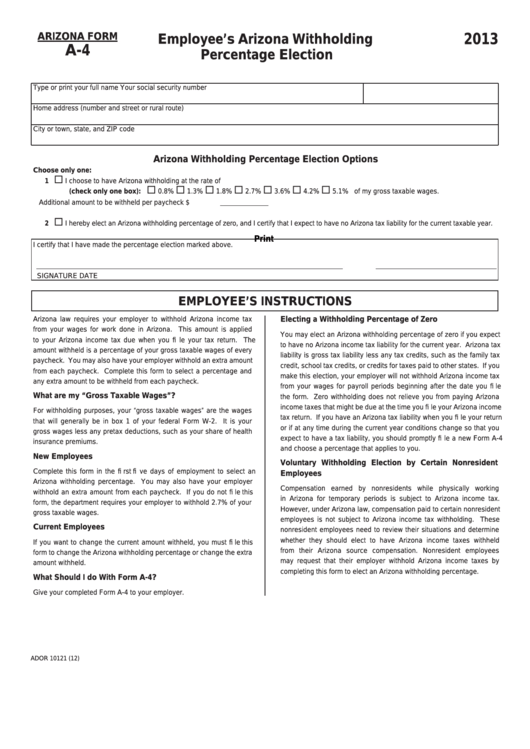 Fillable Arizona Form A 4 Employee S Arizona Withholding Percentage 