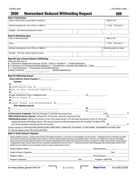 Fillable California Form 589 Nonresident Reduced Withholding Request 