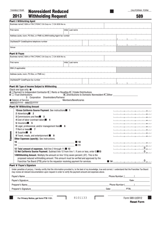 Fillable California Form 589 Nonresident Reduced Withholding Request 