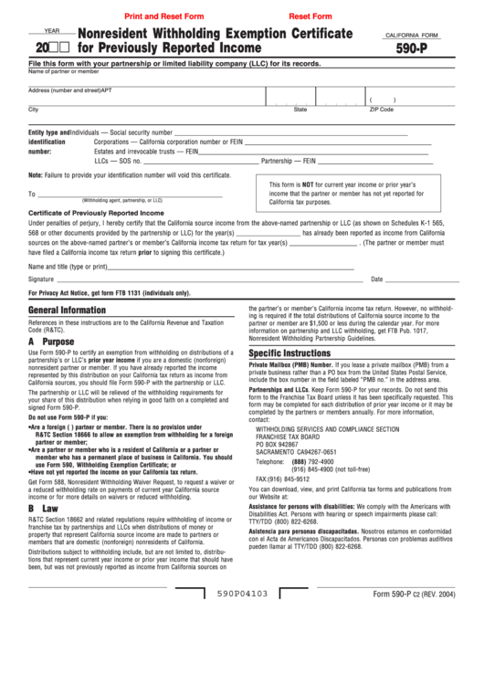 Fillable California Form 590 P Nonresident Withholding Exemption