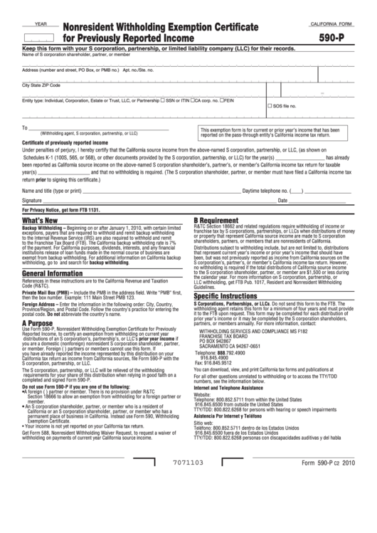 Fillable California Form 590 P Nonresident Withholding Exemption 