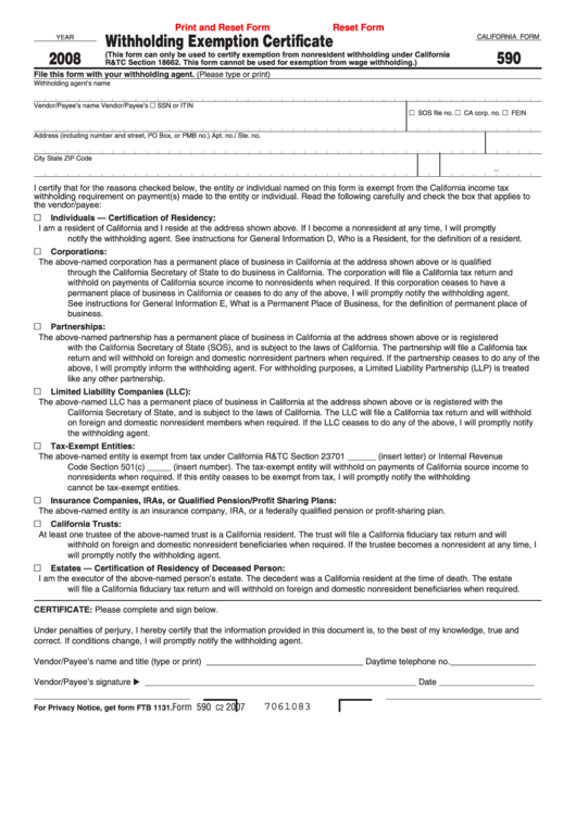 Fillable California Form 590 Withholding Exemption Certificate 2008 