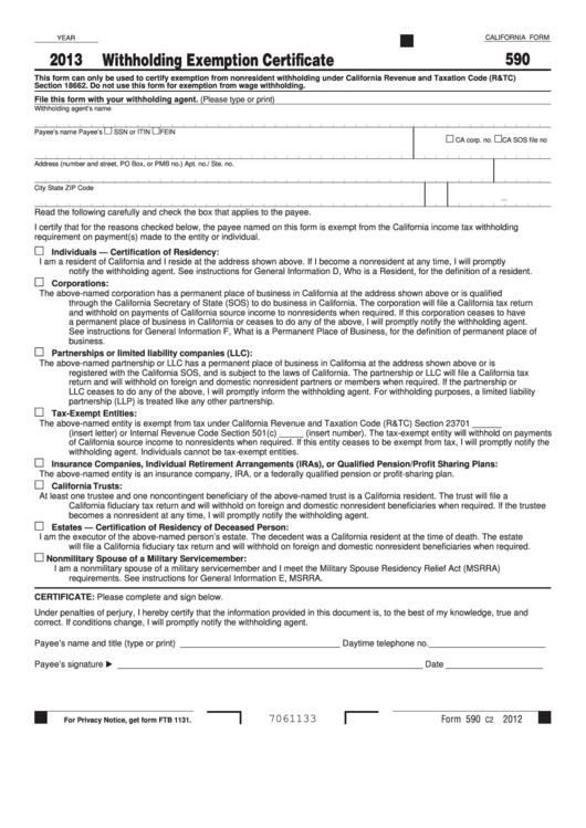 Fillable California Form 590 Withholding Exemption Certificate 2013 