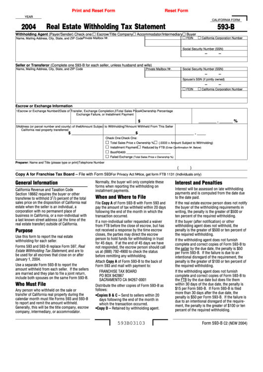 Fillable California Form 593 B Real Estate Withholding Tax Statement 