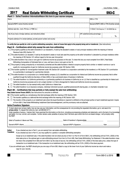 Fillable California Form 593 C Real Estate Withholding Certificate