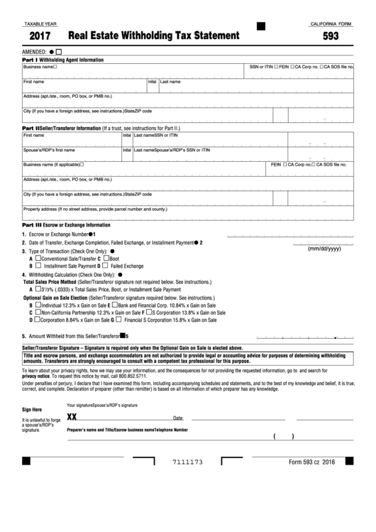 Fillable California Form 593 Real Estate Withholding Tax Statement 