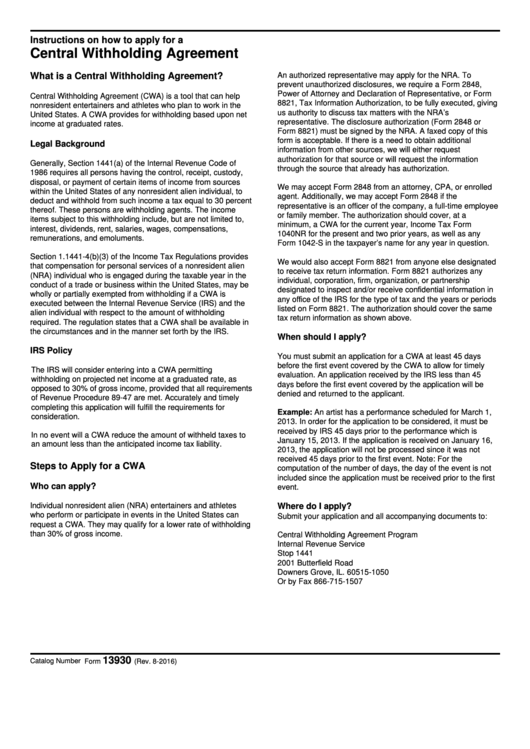 Fillable Form 13930 Application For Central Withholding Agreement