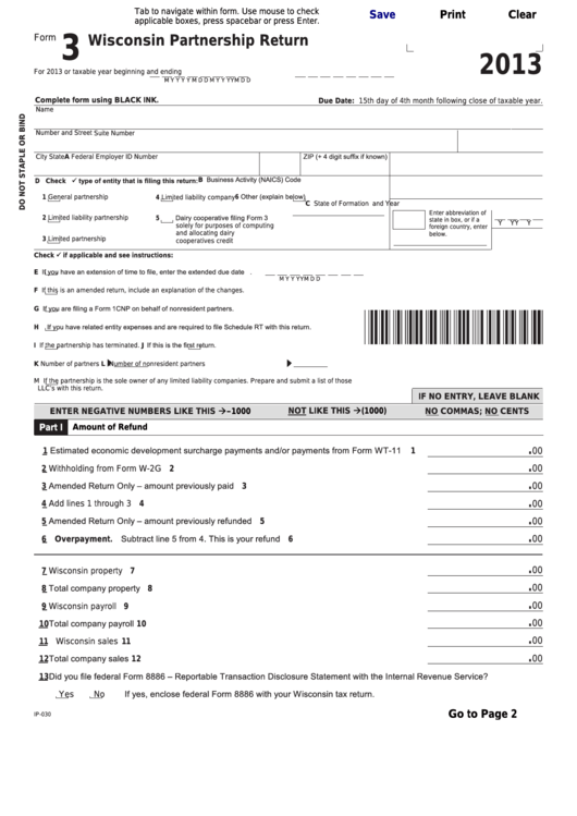 Fillable Form 3 Wisconsin Partnership Return 2013 Printable Pdf 