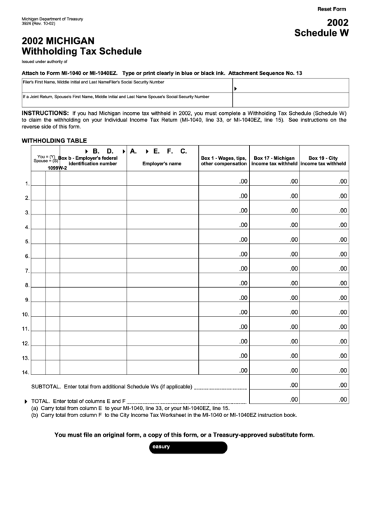 Fillable Form 3924 Schedule W Michigan Withholding Tax Schedule 