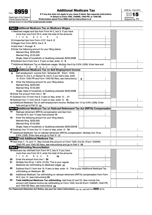 Fillable Form 8959 Additional Medicare Tax 2015 Printable Pdf Download