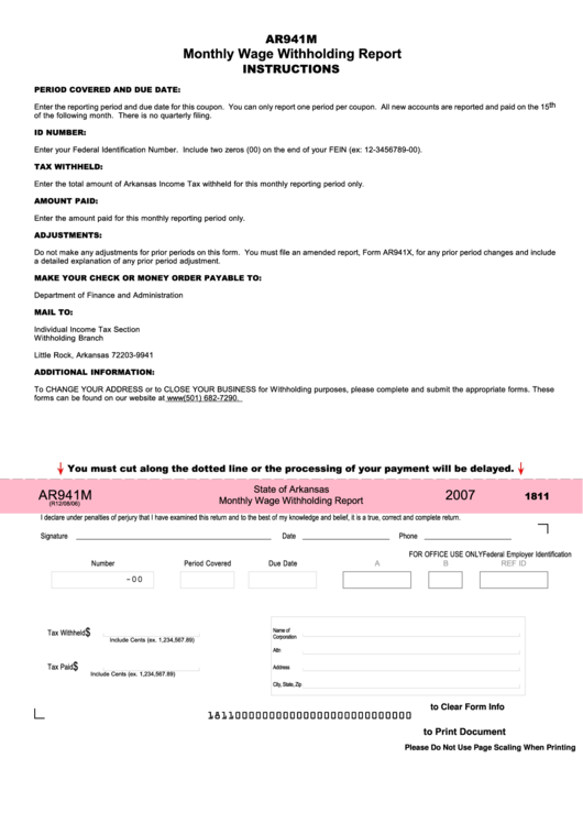 Fillable Form Ar941m State Of Arkansas Monthly Wage Withholding