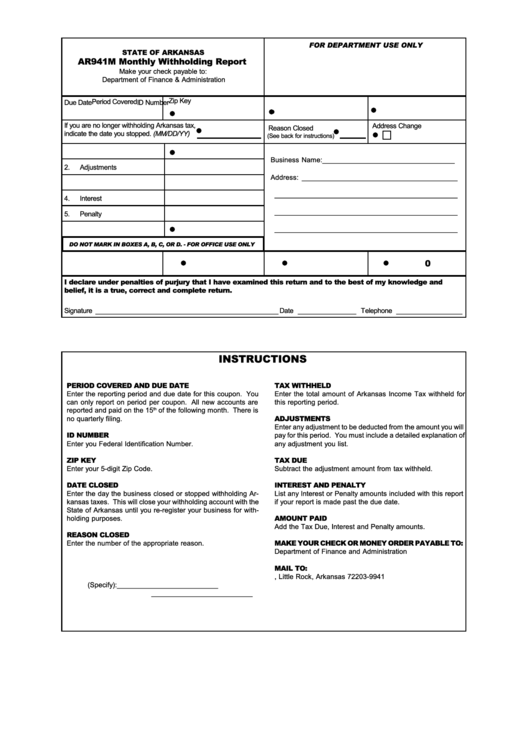 Fillable Form Ar941m State Of Arkansas Monthly Withholding Report 