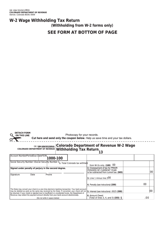 Fillable Form Dr 1094 Colorado Department Of Revenue W 2 Wage 