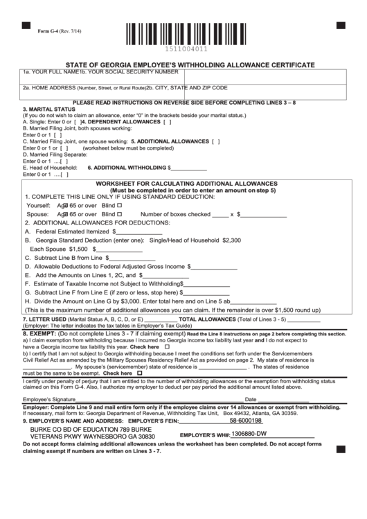 Fillable Form G4 Georgia Employee S Withholding Allowance Certificate 