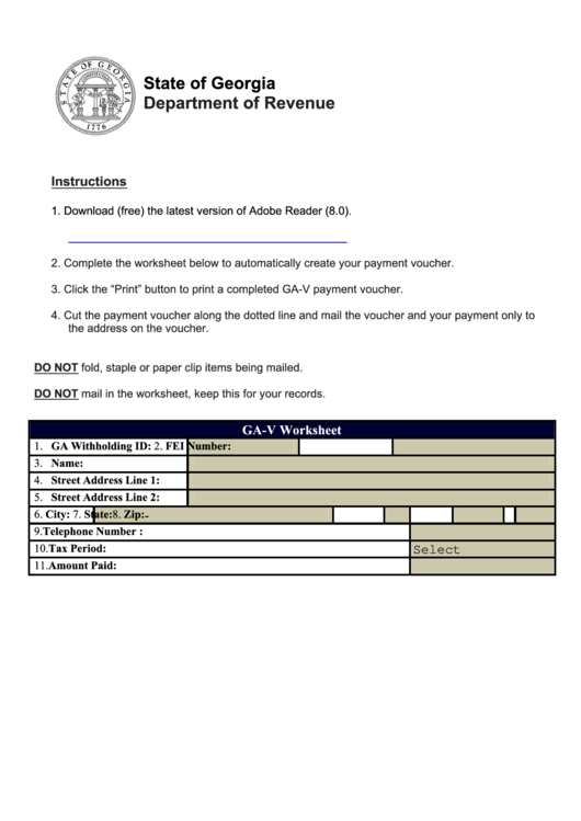 Fillable Form Ga V Withholding Payment Voucher Georgia Department 