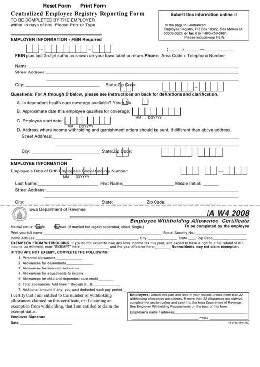 Fillable Form Ia W 4 Employee Withholding Allowance Certificate 