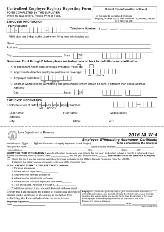 Fillable Form Ia W 4 Employee Withholding Allowance Certificate