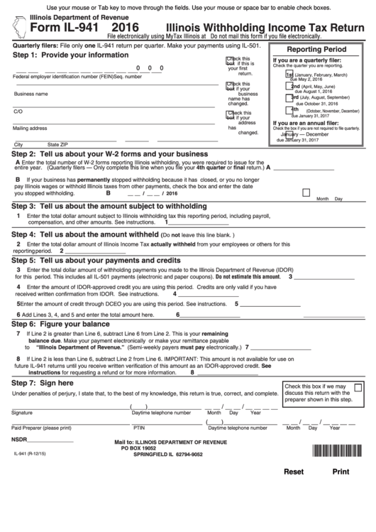 Fillable Form Il 941 Illinois Withholding Income Tax Return 2016