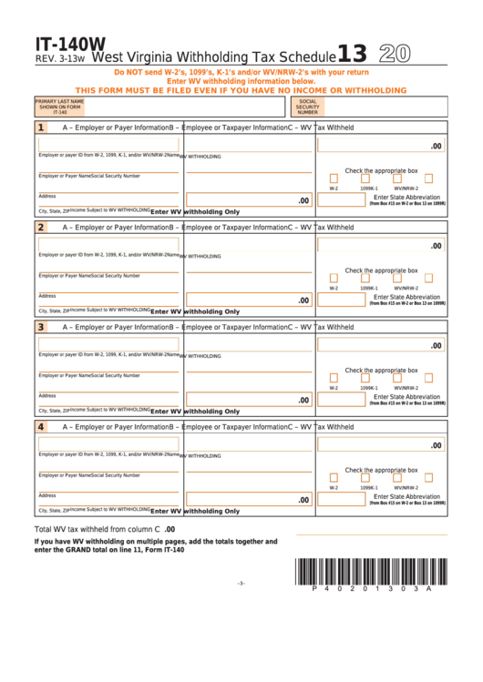 Fillable Form It 140w West Virginia Withholding Tax Schedule 2013 