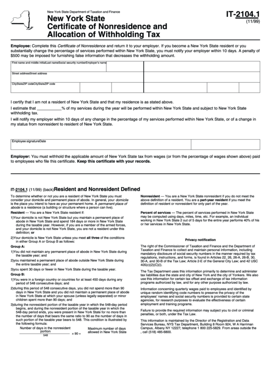 Fillable Form It 2104 1 Certificate Of Nonresidence And Allocation Of 