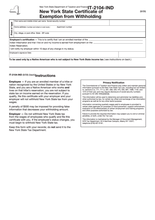 Fillable Form It 2104 Ind New York State Certificate Of Exemption 