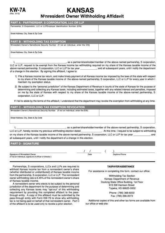 Fillable Form Kw 7a Kansas Nonresident Owner Withholding Affidavit 