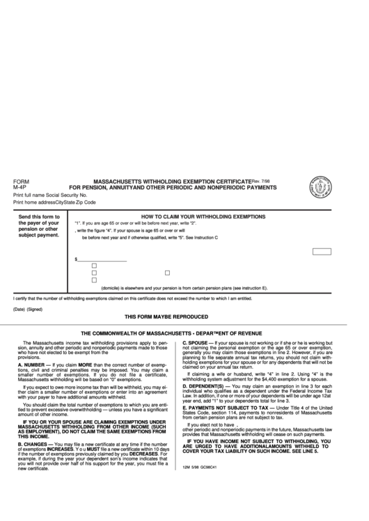 Fillable Form M 4p Massachusetts Withholding Exemption Certificate