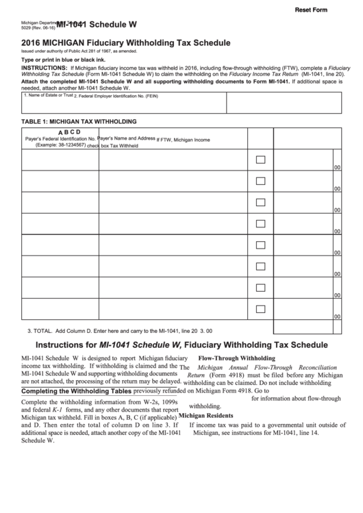 Fillable Form Mi 1041 Schedule W Michigan Fiduciary Withholding Tax 