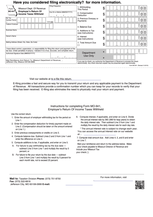 Fillable Form Mo 941 Employer S Return Of Income Taxes Withheld 