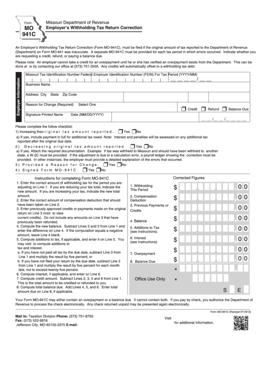 Fillable Form Mo 941c Employers Withholding Tax Return Correction 