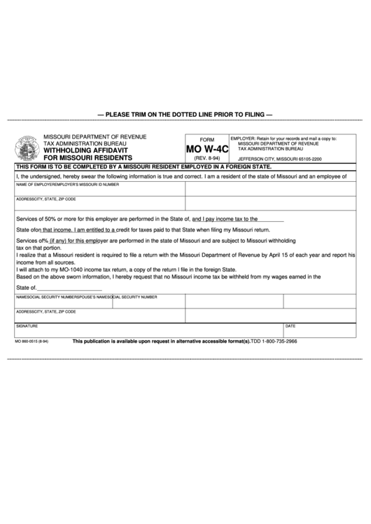 Fillable Form Mo W 4c Withholding Affidavit For Missouri Residents 