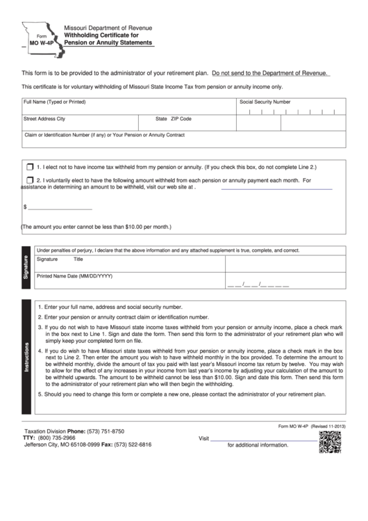 Fillable Form Mo W 4p Withholding Certificate For Pension Or Annuity 