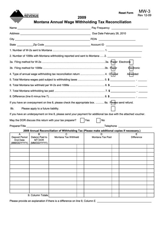 Fillable Form Mw 3 Montana Annual Wage Withholding Tax Reconciliation 