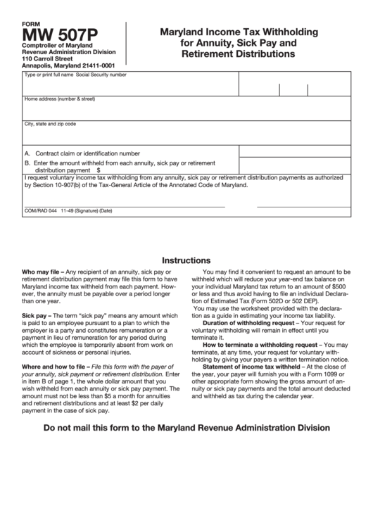 Fillable Form Mw 507p Maryland Income Tax Withholding For Annuity