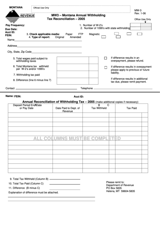 Fillable Form Mw3 Montana Annual Withholding Tax Reconciliation