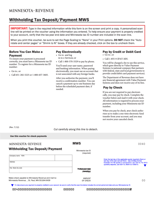 Fillable Form Mw5 Withholding Tax Deposit payment Printable Pdf Download