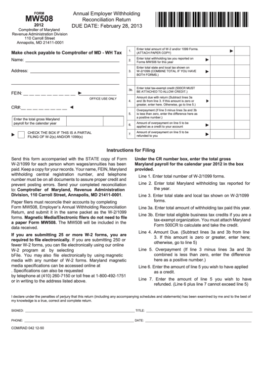 Fillable Form Mw508 Annual Employer Withholding Reconciliation Return 