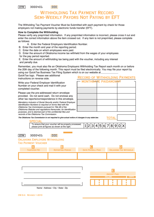 Fillable Form Ow 9 A Oklahoma Employers Withholding Tax Payment 