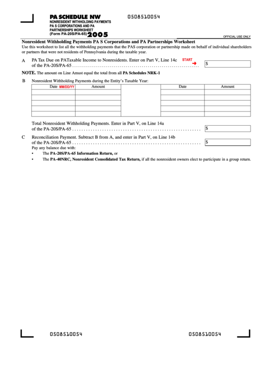 Fillable Form Pa 20s pa 65 Pa Schedule Nw Nonresident Withholding 