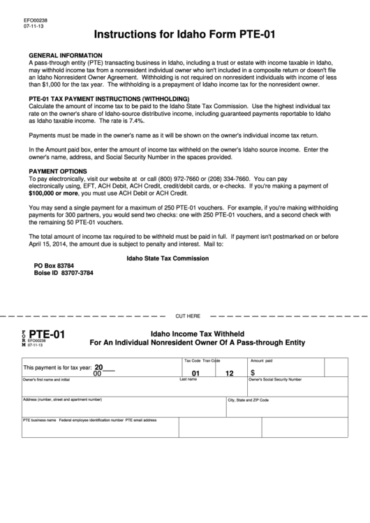 Fillable Form Pte 01 Idaho Income Tax Withheld For An Individual 