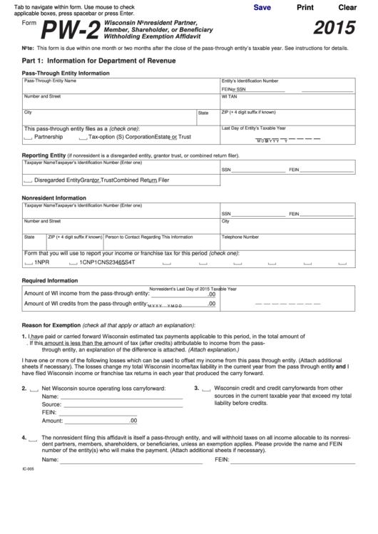 Fillable Form Pw 2 Wisconsin Nonresident Partner Member Shareholder