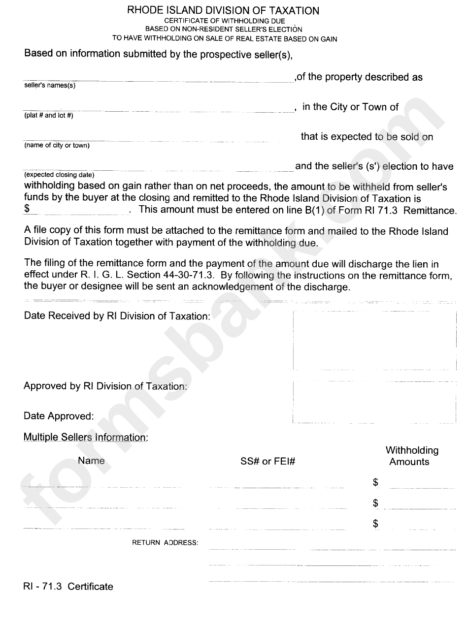 Fillable Form Ri 71 3 Certificate Of Withholding Due Based On Non 