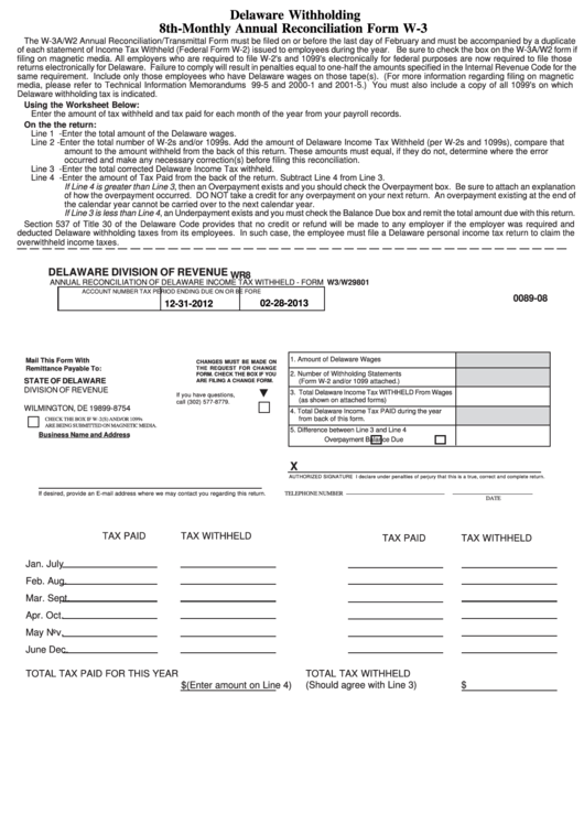 Fillable Form W 3 Delaware Withholding 8th Monthly Annual 