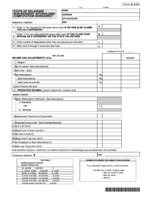 Fillable Form W 4nr Non Resident Withholding Computation Worksheet 