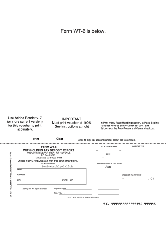 Fillable Form Wt 6 Withholding Tax Deposit Report State Of 