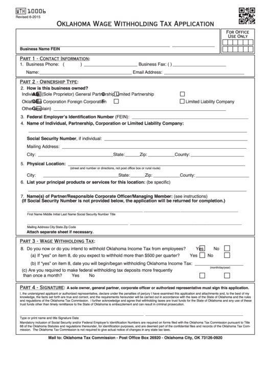 Fillable Form Wth 10006 Oklahoma Wage Withholding Tax Application 