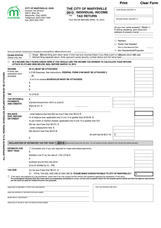 Fillable Individual Income Tax Return City Of Marysville 2013