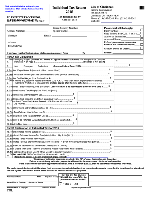 Fillable Individual Tax Return Form 2015 City Of Cincinnati Income 