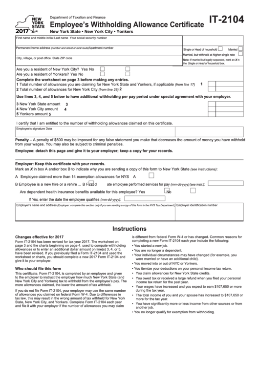 Fillable New York Employee S Withholding Allowance Certificate 