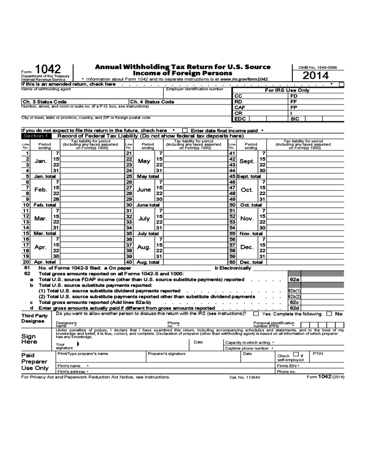 Form 1042 Annual Withholding Tax Return For U S Source Income Of 